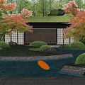 Tranquil Courtyard Garden Design With Pond Rocks Autumn Trees And Lush Greenery