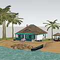 Detached Villa on Waterfront Beach with Palm Trees and Black Boat