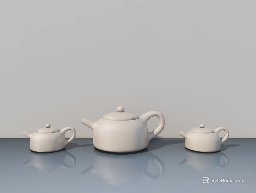 White Ceramic Tea Set With Three Teapots On Smooth Blue Surface And Gray Background 3d model 