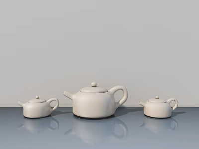 White Ceramic Tea Set With Three Teapots On Smooth Blue Surface And Gray Background 3d model