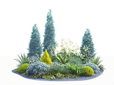Garden Plant Combination With Tall Blue Conifers Yellow Cone Shaped Plants And White Flowers 3d model