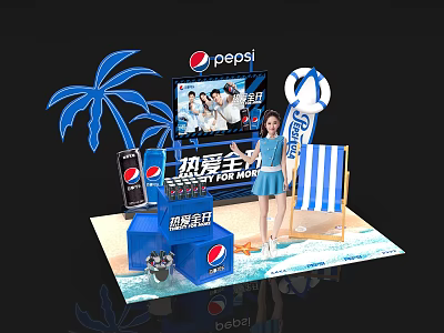 Pepsi Brand Display Stand With Drinks Model Palm Tree Beach Chair And Ad Screen 3d model