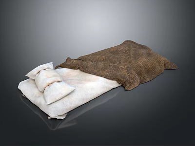 Simple Bed Furniture Setup With White Pillows Burlap Blanket And Linen Mattress 3d model