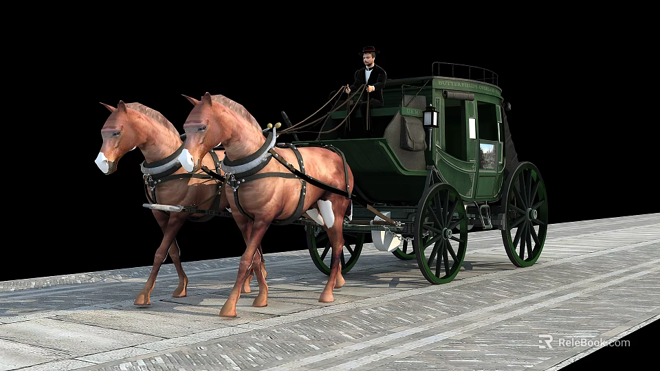 Green Horse Drawn Carriage Pulled by Two Brown Horses with Man in Suit on Stone Pavement 3d model 