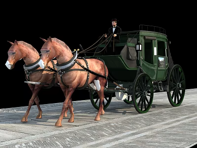 Green Horse Drawn Carriage Pulled by Two Brown Horses with Man in Suit on Stone Pavement 3d model
