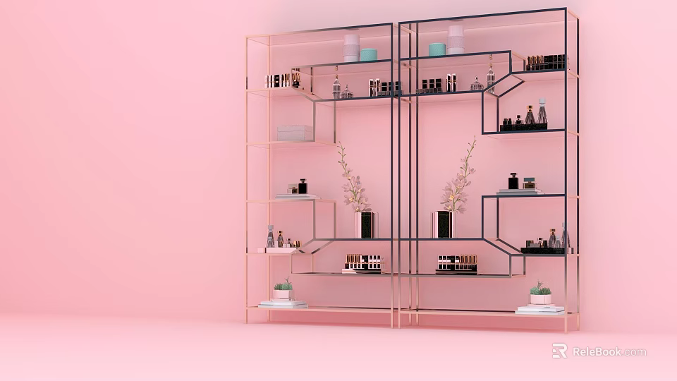 Modern Glass And Metal Frame Display Shelf With Decorative Items On Pink Background 3d model 