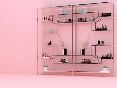 Modern Glass And Metal Frame Display Shelf With Decorative Items On Pink Background 3d model