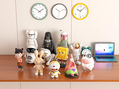Various Stuffed Dolls And Action Figures Displayed On Wooden Shelf With Laptop And Wall Clocks 3d model