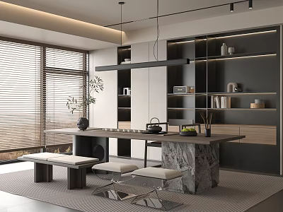 Modern Tea Room Interior With Marble Table Black Tea Set Benches And Open Shelves 3d model