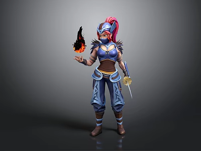 Game And Movie Character With Pink Hair Helmet Blue Armor Holding Flame And Sword 3d model