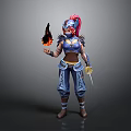 Game And Movie Character With Pink Hair Helmet Blue Armor Holding Flame And Sword