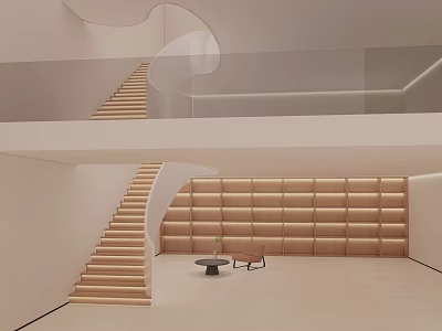 Modern Spiral Staircase With Wooden Steps Glass Railing In Open Interior Space 3d model