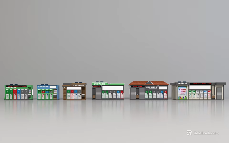 Row Of Colorful Miniature Shop Models With Diverse Storefront Designs 3d model 