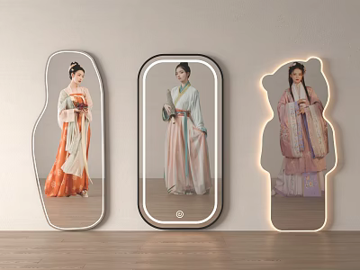 Unique Shaped Illuminated Mirrors Reflecting Women In Traditional Costumes 3d model