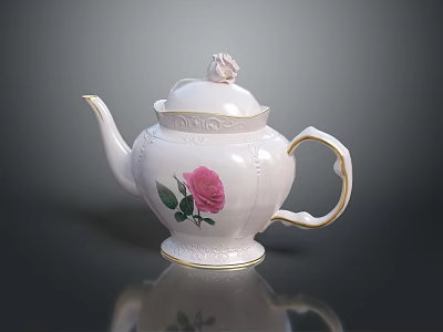 Elegant White Porcelain Teapot With Pink Rose And Gold Trim Design 3d model