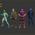 Four Game Movie Characters Posing In Futuristic Action Costumes With Various Colors