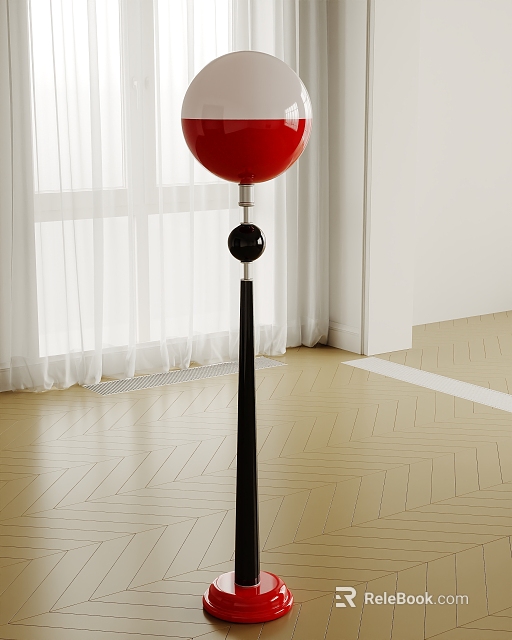 Floor Lamp With Red Shade Black Pole In Room With White Curtains Herringbone Wooden Floor 3d model 