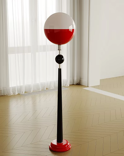 Floor Lamp With Red Shade Black Pole In Room With White Curtains Herringbone Wooden Floor 3d model