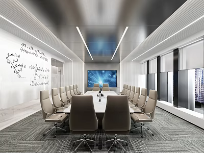 Modern Conference Room Featuring Long Table Chairs Whiteboard Large Screen Lighting And Windows 3d model