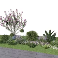 Lush Garden Shrubs With Pink Flowering Tree Green Lawn And Paved Pathway