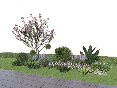 Lush Garden Shrubs With Pink Flowering Tree Green Lawn And Paved Pathway 3d model