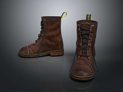 Brown Leather Work Boots With Laces Stitching Details And Rubber Sole Design 3d model