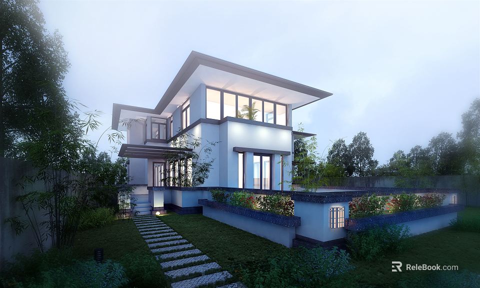 Modern Detached Villa Featuring Large Glass Windows Warm Lighting Stone Pathway And Greenery 3d model 