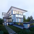 Modern Detached Villa Featuring Large Glass Windows Warm Lighting Stone Pathway And Greenery