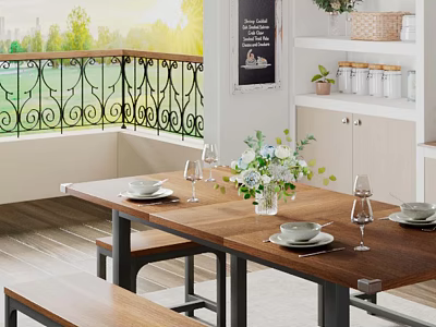 Bright Restaurant Interior With Wooden Dining Table Benches Flower Vase White Shelves And Chalkboard Menu 3d model