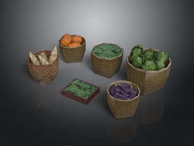 Fresh Vegetables and Fruits in Woven Baskets Displayed on Dark Background 3d model
