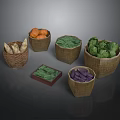 Fresh Vegetables and Fruits in Woven Baskets Displayed on Dark Background