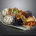 Vibrant Assorted Food Plate With Steamed Buns Purple Orange Chips And Fresh Salad