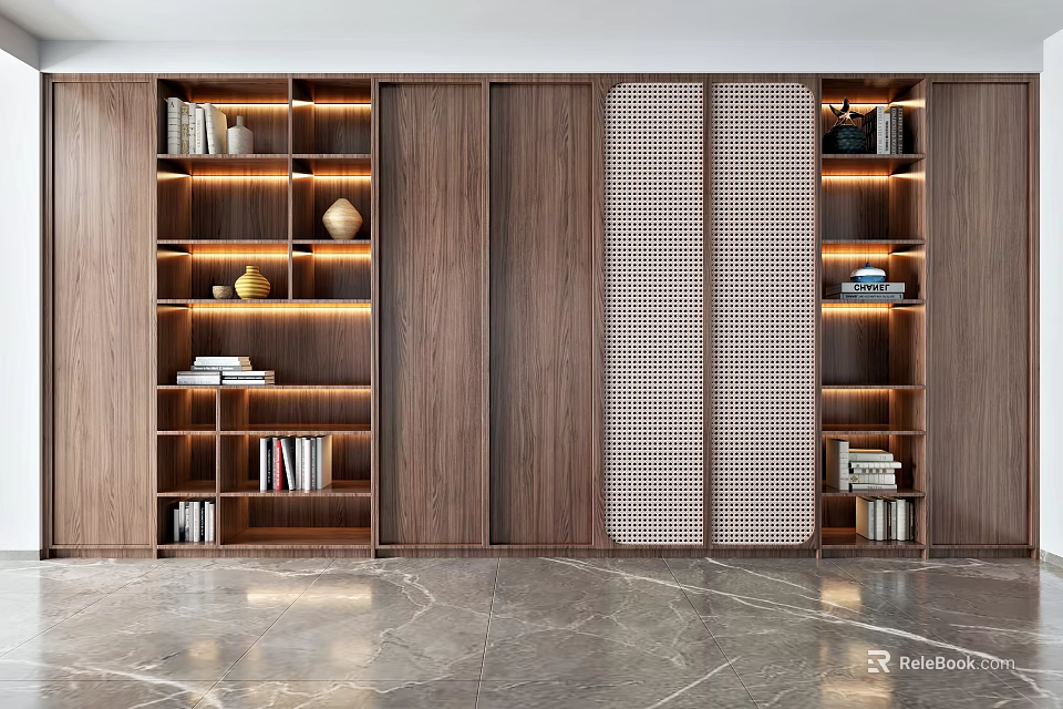 Built-in Modern Wooden Bookcase With Multiple Shelves Books Decorative Items And Lattice Doors 3d model 