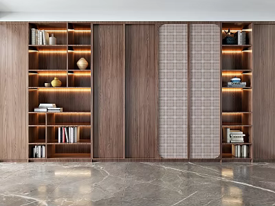 Built-in Modern Wooden Bookcase With Multiple Shelves Books Decorative Items And Lattice Doors 3d model