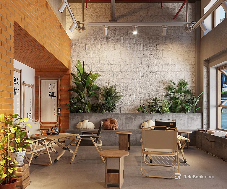 Cozy Café Interior With Brick Wall Green Plants Wooden Furniture And Natural Light 3d model 