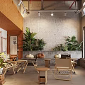 Cozy Café Interior With Brick Wall Green Plants Wooden Furniture And Natural Light