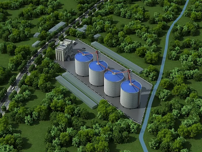 Modern Industrial Factory Surrounded by Lush Greenery With Large Storage Tanks And Cranes 3d model