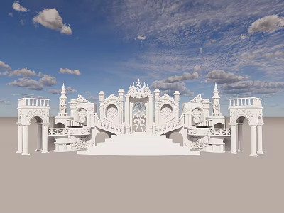 White Ornate Architectural Structure With Towers Arches And Carved Details Under Blue Sky 3d model