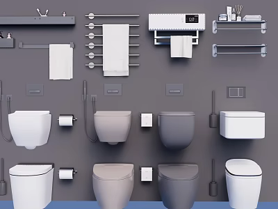 Toilet Various Designs Including Bathroom Accessories Towel Racks Paper Holders and Brushes 3d model