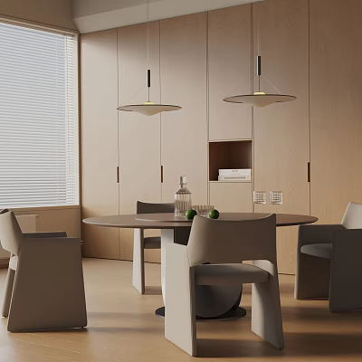 Modern Round Dining Table Set With Neutral Chairs And Pendant Lights In Minimalist Interior 3d model