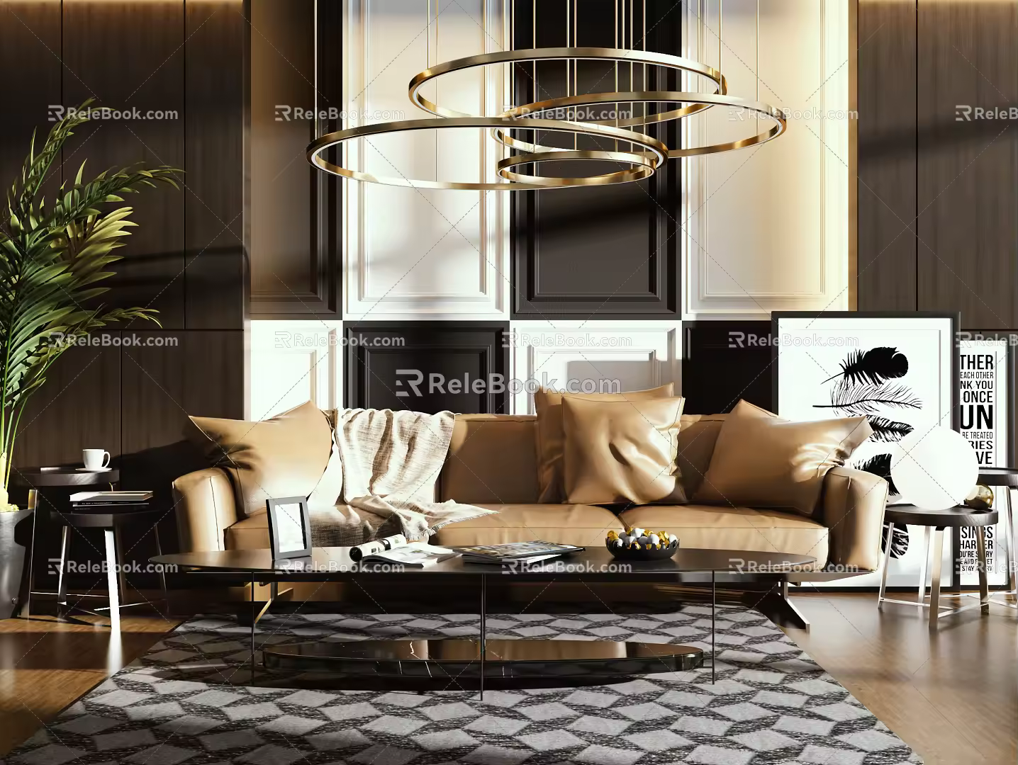 Modern three-seat sofa coffee table combination 3d model