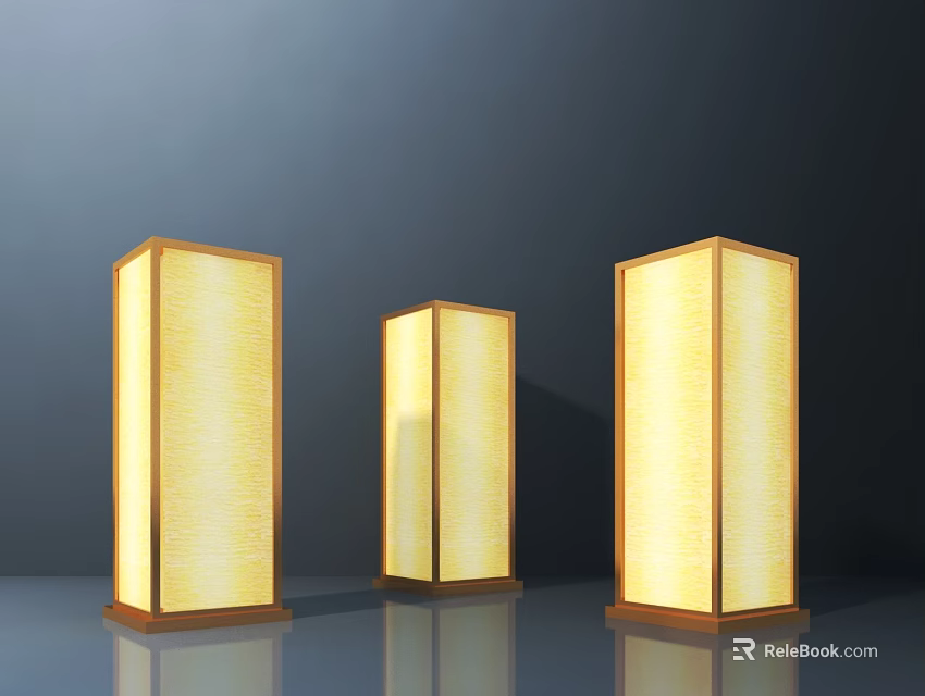 Three Yellow Translucent Screens With Wooden Frames On Grey Background And Reflections 3d model