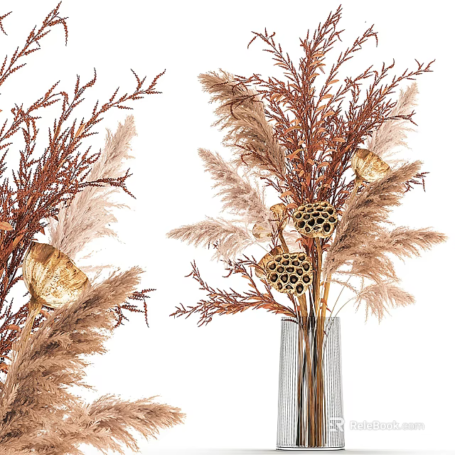 Transparent Striped Vase With Dried Brown Beige Pampas Grass And Lotus Pods 3d model 