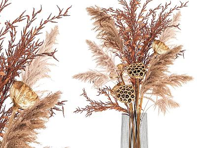 Transparent Striped Vase With Dried Brown Beige Pampas Grass And Lotus Pods 3d model