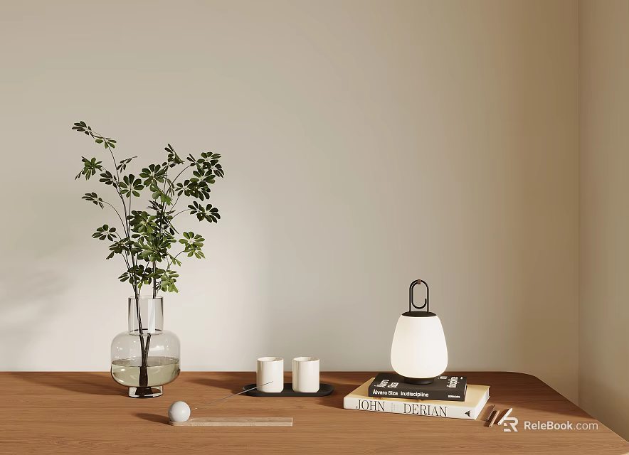 Decorative Ornament Set With Vase Green Plant White Candles Lantern Lamp Books On Wooden Table 3d model 