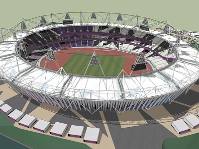 Modern Large Circular Stadium With White Steel Roof Green Turf And Purple Seats 3d model