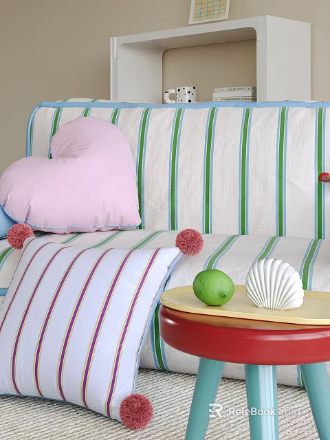 Colorful Living Space With Striped Sofa Pink Heart Pillow Pom Poms Green Lemon And Shell 3d model 