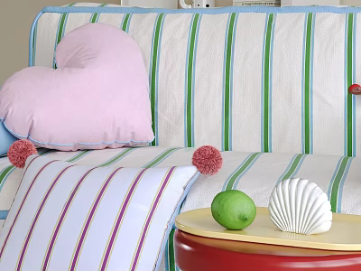 Colorful Living Space With Striped Sofa Pink Heart Pillow Pom Poms Green Lemon And Shell 3d model