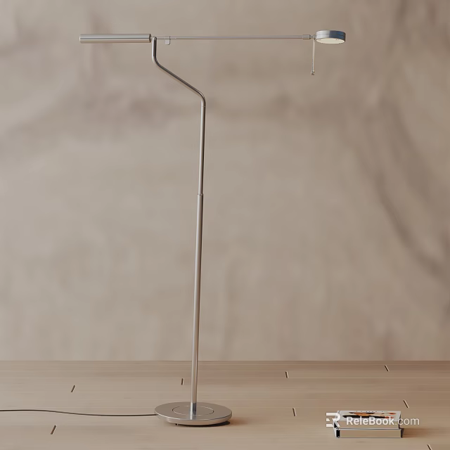 Modern Floor Lamp With Slim Metal Pole On Wooden Tabletop And Neutral Wall 3d model 