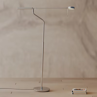 Modern Floor Lamp With Slim Metal Pole On Wooden Tabletop And Neutral Wall 3d model